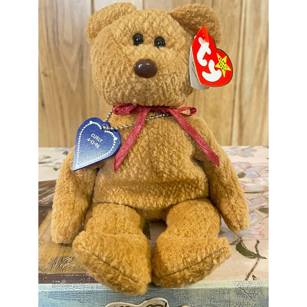 Ty Beanie Babies Curly Plush Bear with Ribbon Vtg 1996 w Tag Error Collectible